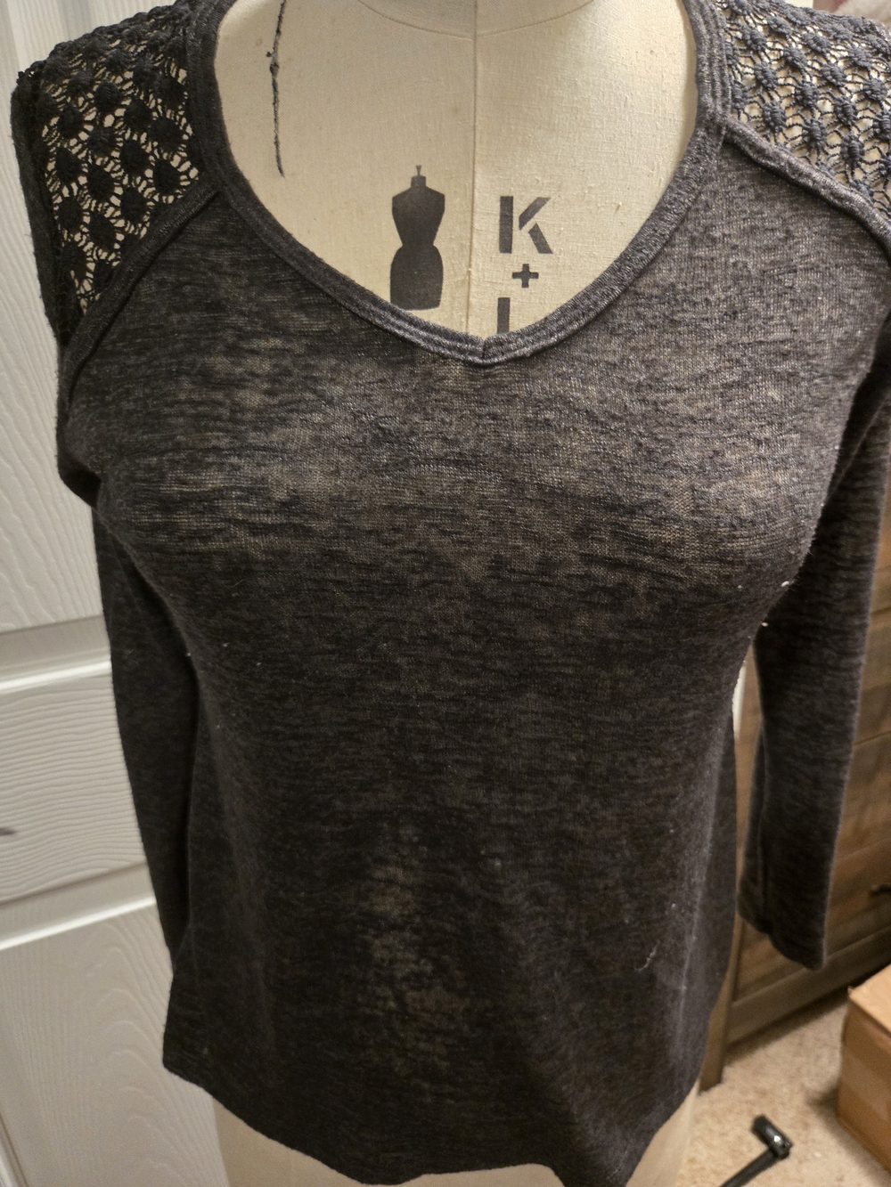 Xhilaration Charcoal Gray Crochet-Shoulder Long Sleeve Tee